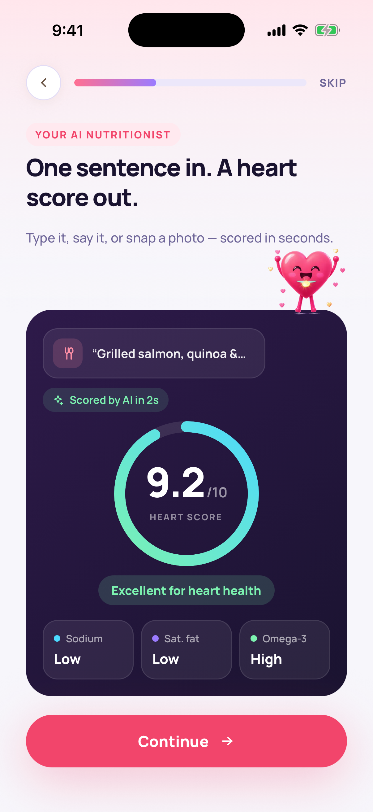 AI meal scoring screen with a 9.2 heart score