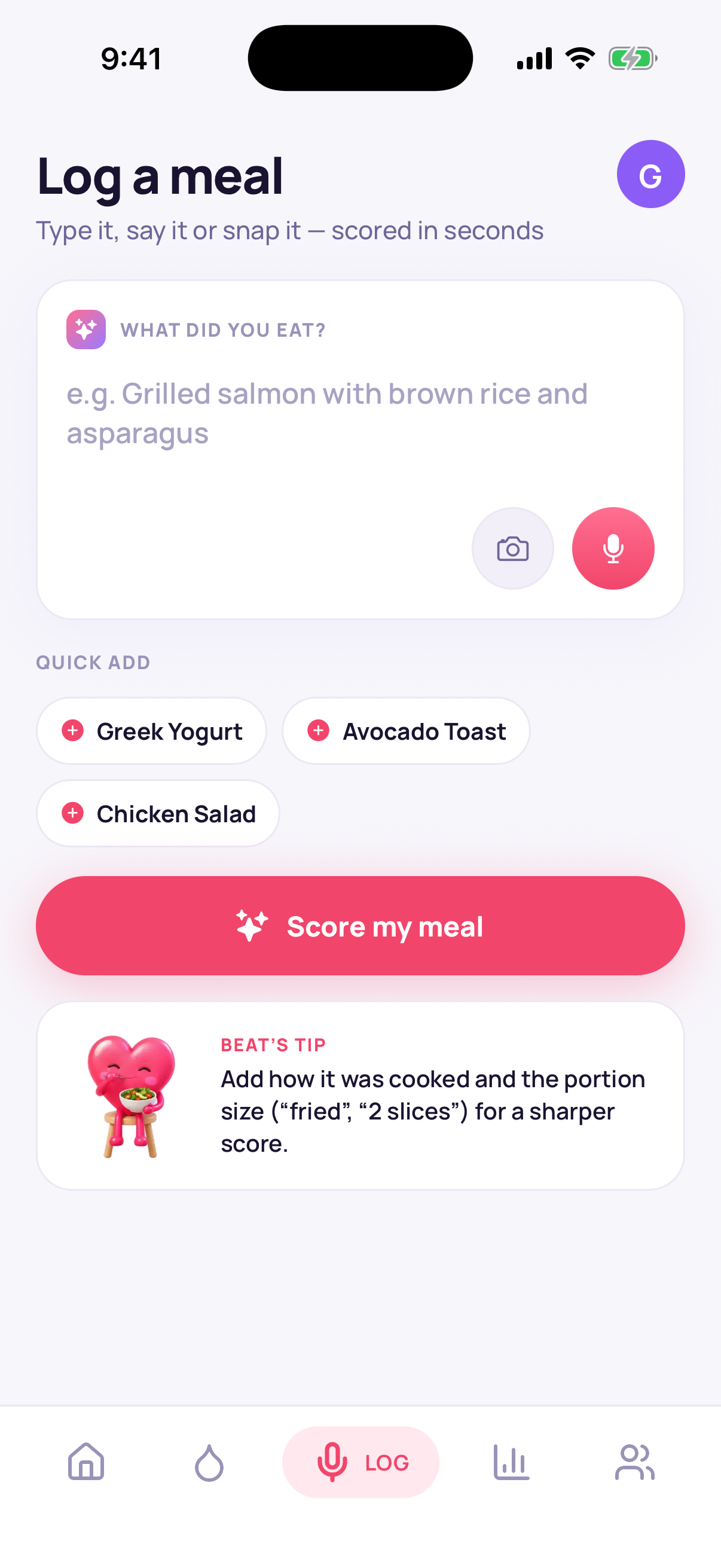 Meal logging screen with text, voice, and photo input