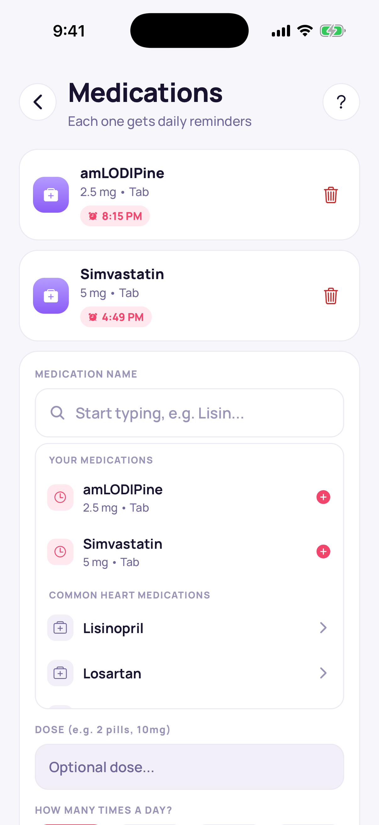Medications screen with two medications, their daily reminder times, and the add-medication form