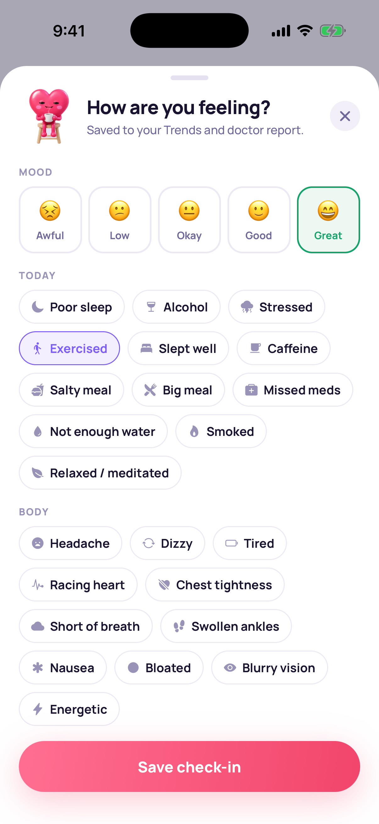 Mood, lifestyle, and symptom check-in with one-tap choices
