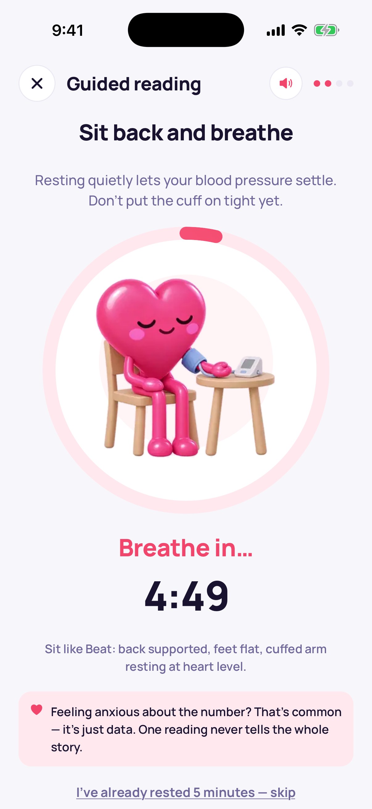 Beat resting in a chair inside a breathing countdown ring during a guided reading