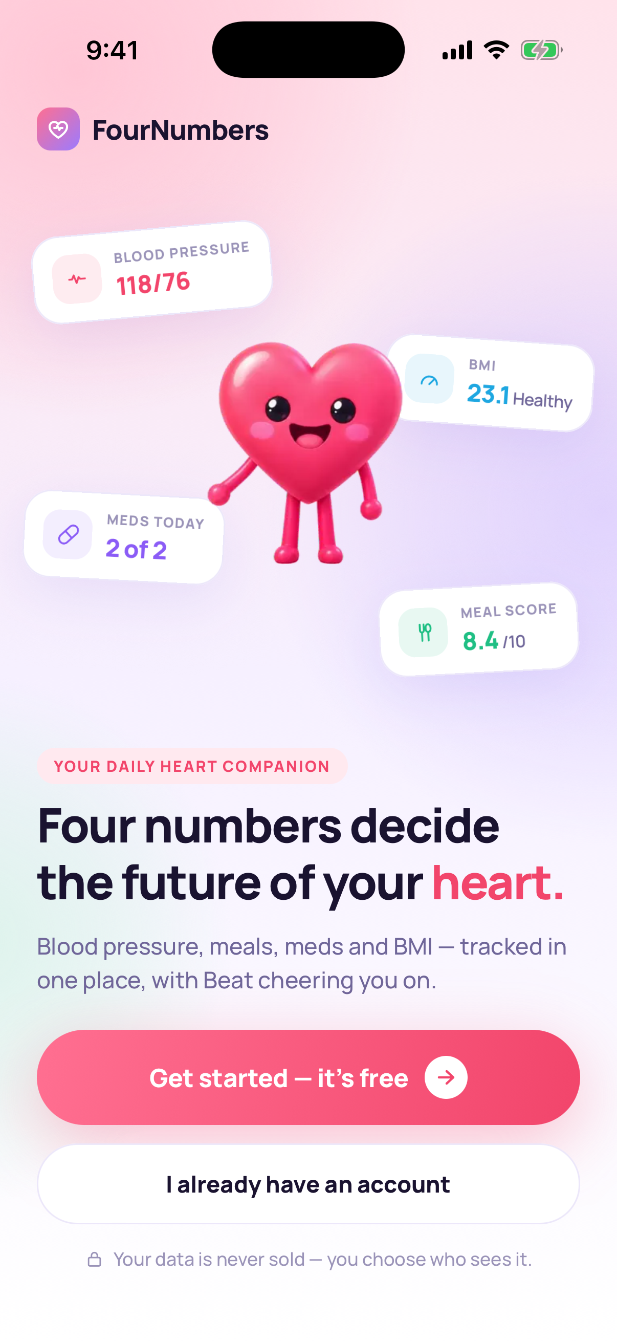 FourNumbers welcome screen with Beat and blood pressure, medication, meal, and BMI cards