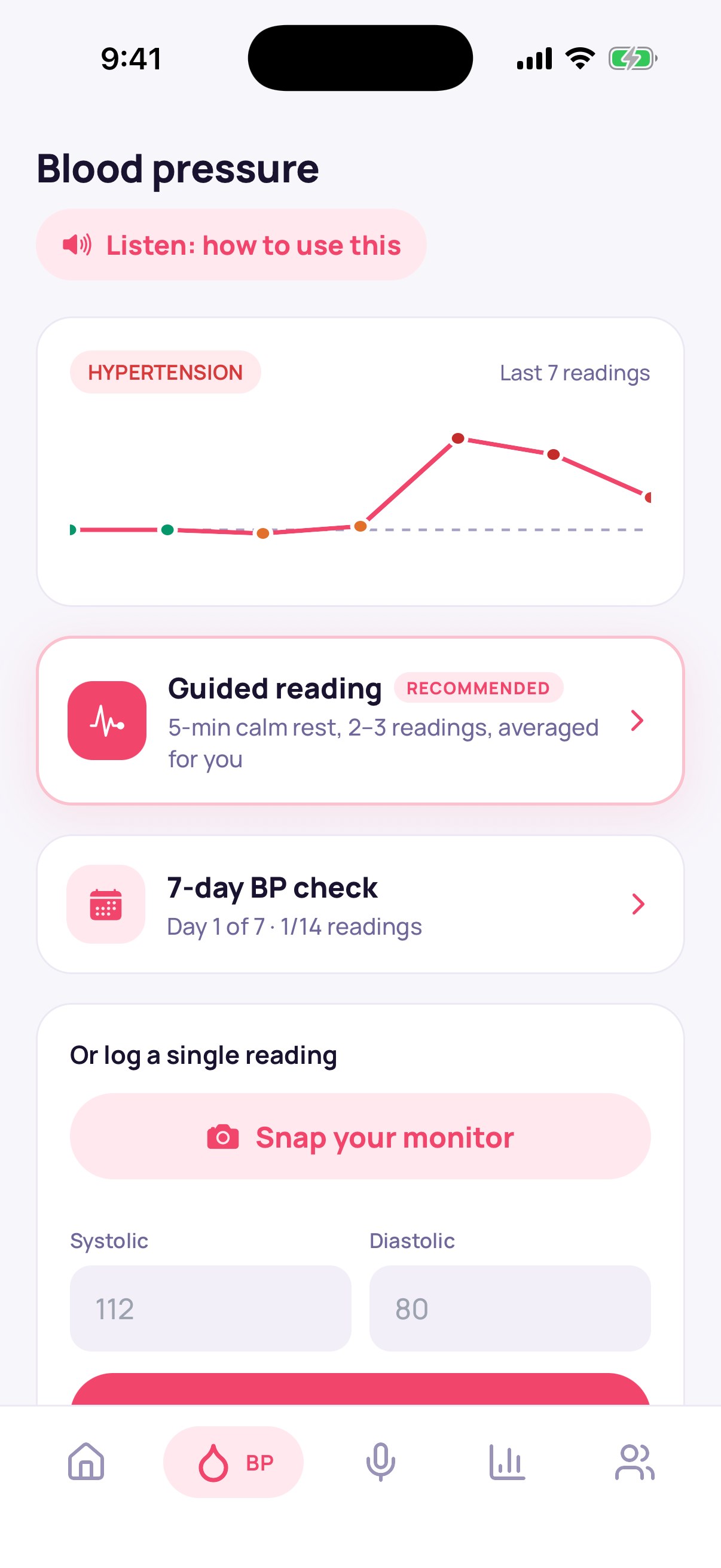 Blood pressure tab with Guided reading, 7-day BP check and the Snap your monitor button