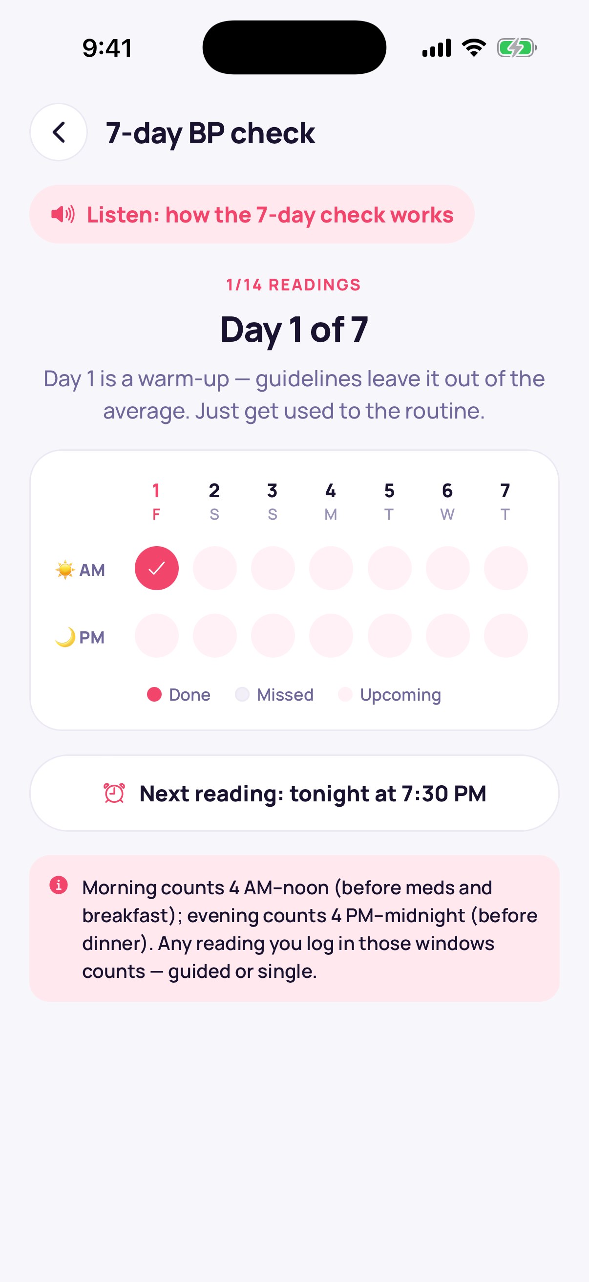 7-day BP check grid with morning and evening readings for each day