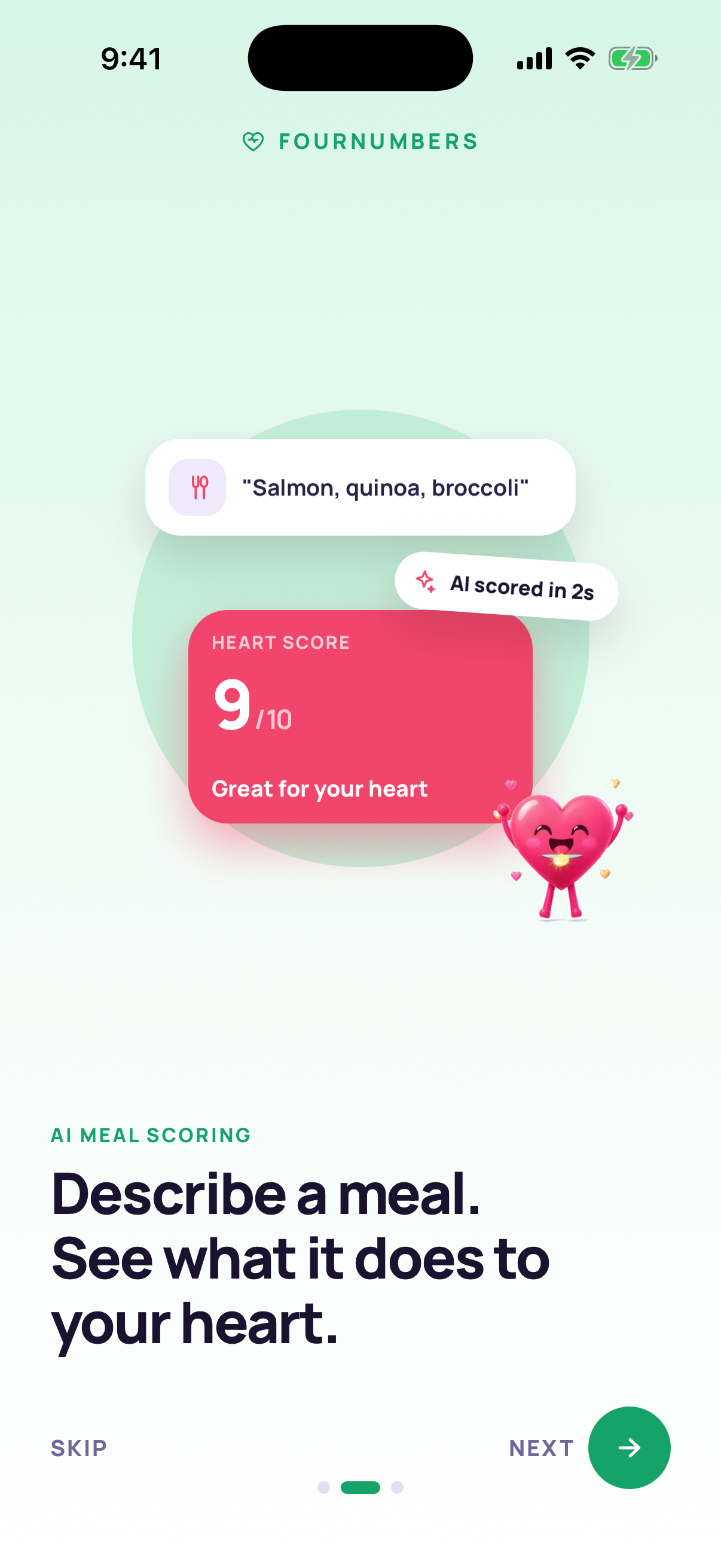 AI meal scoring introduction with a meal description and heart score