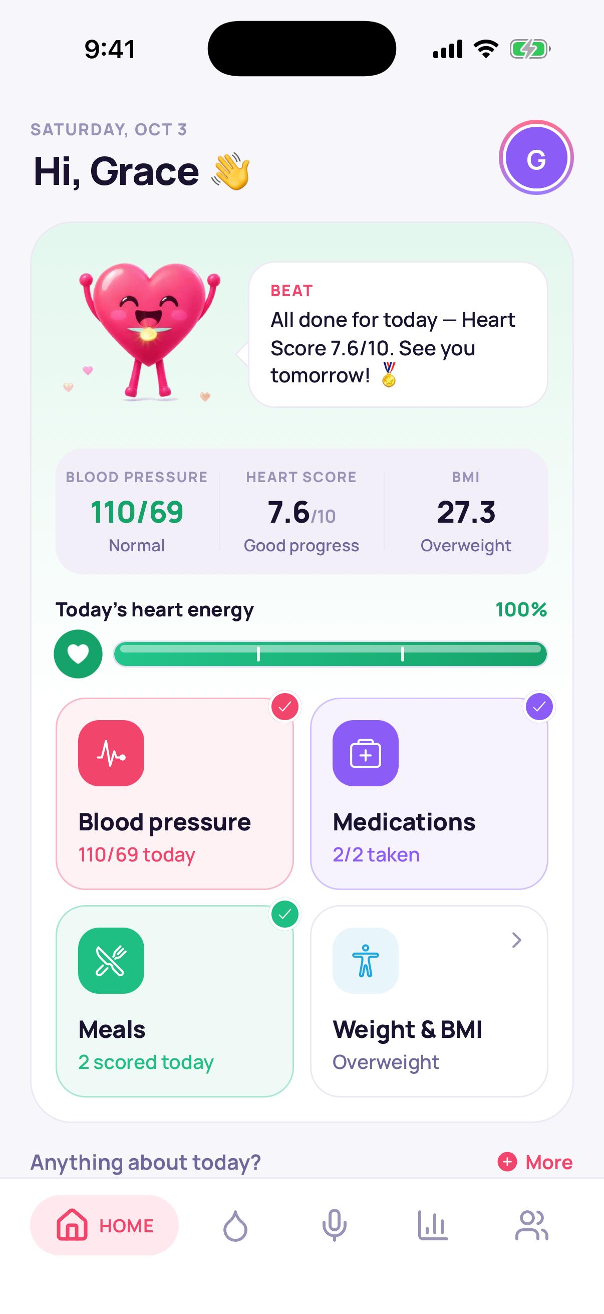 FourNumbers home dashboard showing Beat celebrating a completed day, health metrics, heart energy, and four daily tasks