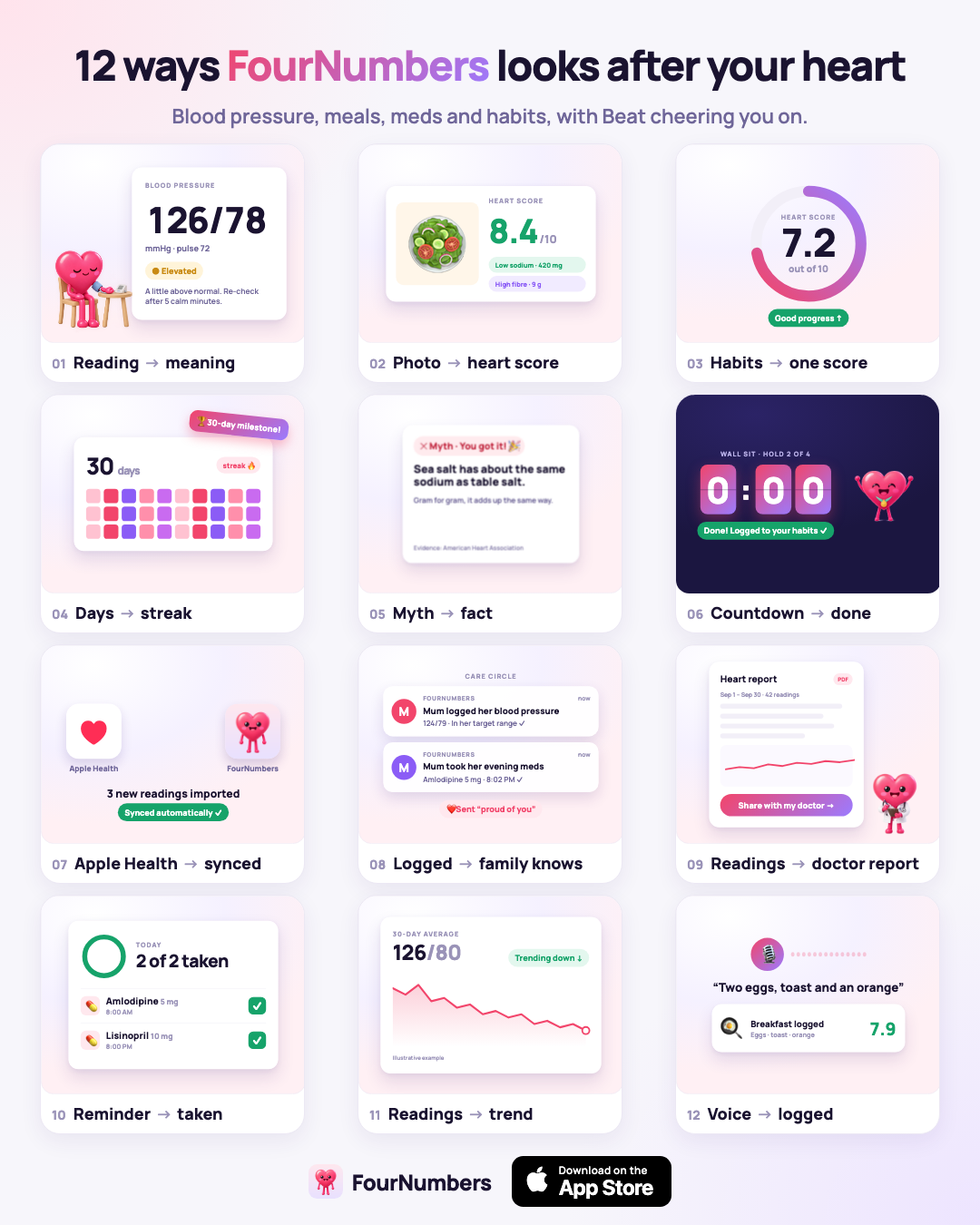 FourNumbers poster showing twelve app features, including blood pressure logs, meal scores, habits, Apple Health, Care Circle, doctor reports and voice logging