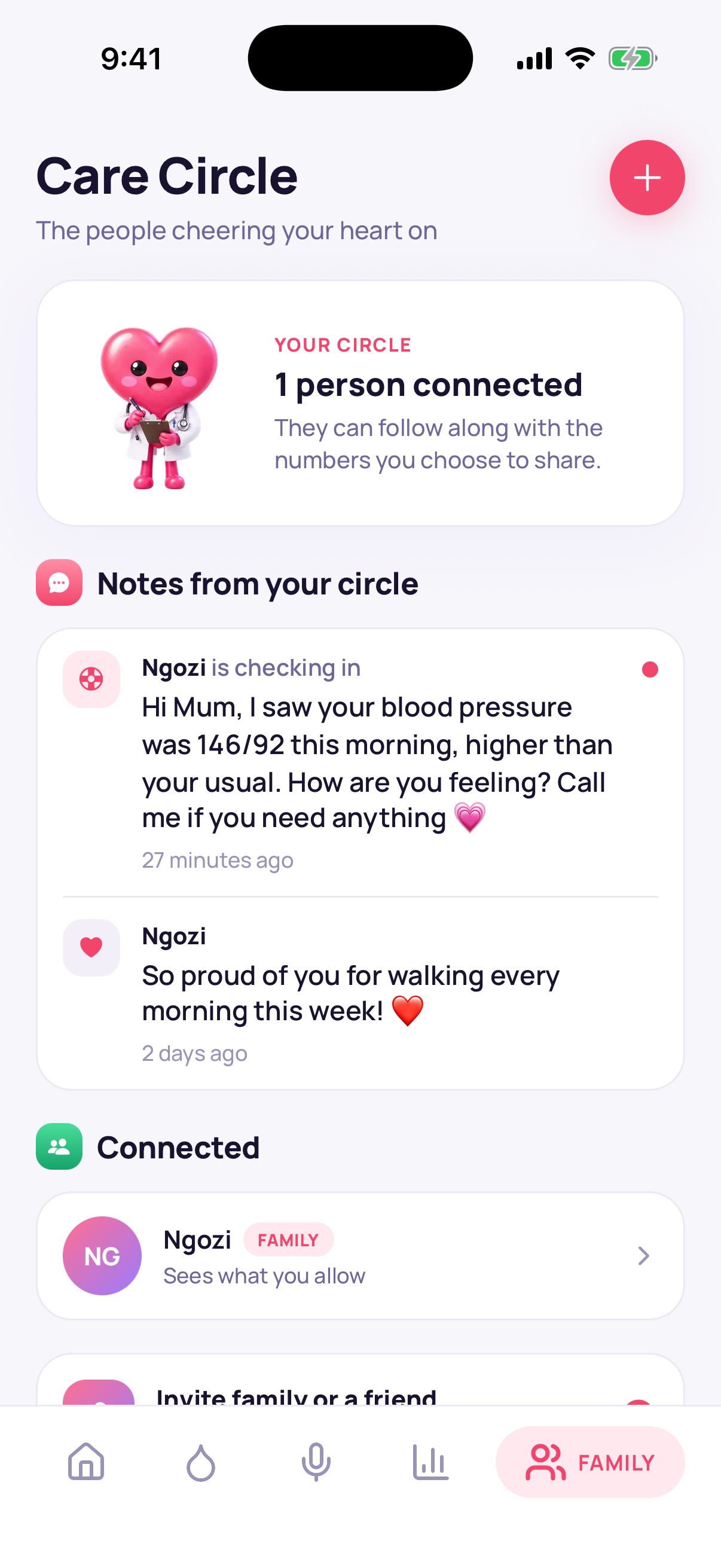 Care Circle tab with Beat as a doctor, notes from family, and connected family members