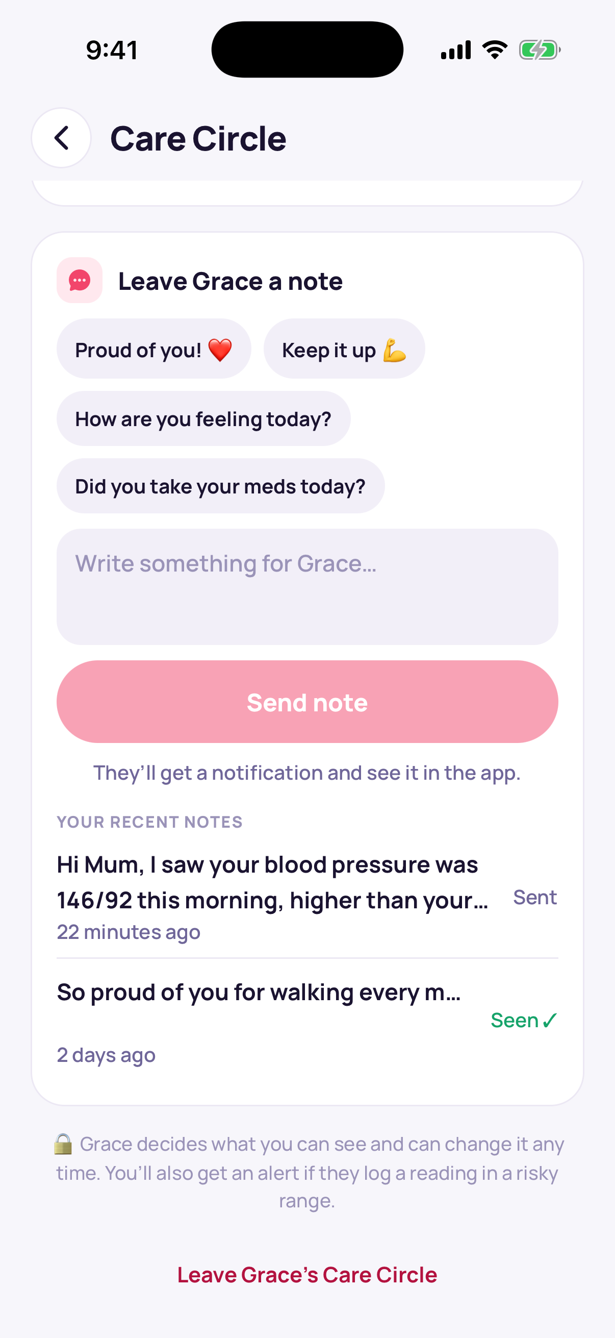 Leave a note screen with quick notes like 'Proud of you' and 'How are you feeling today?', and recent notes marked Seen