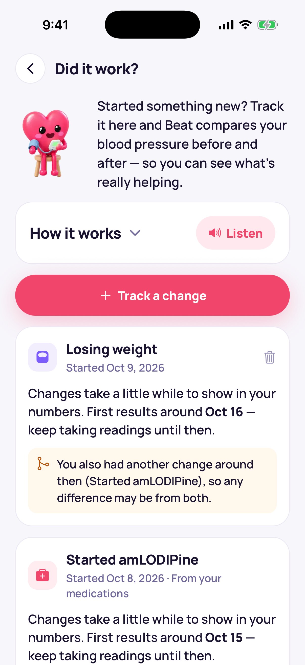 Did it work screen comparing blood pressure before and after tracked changes